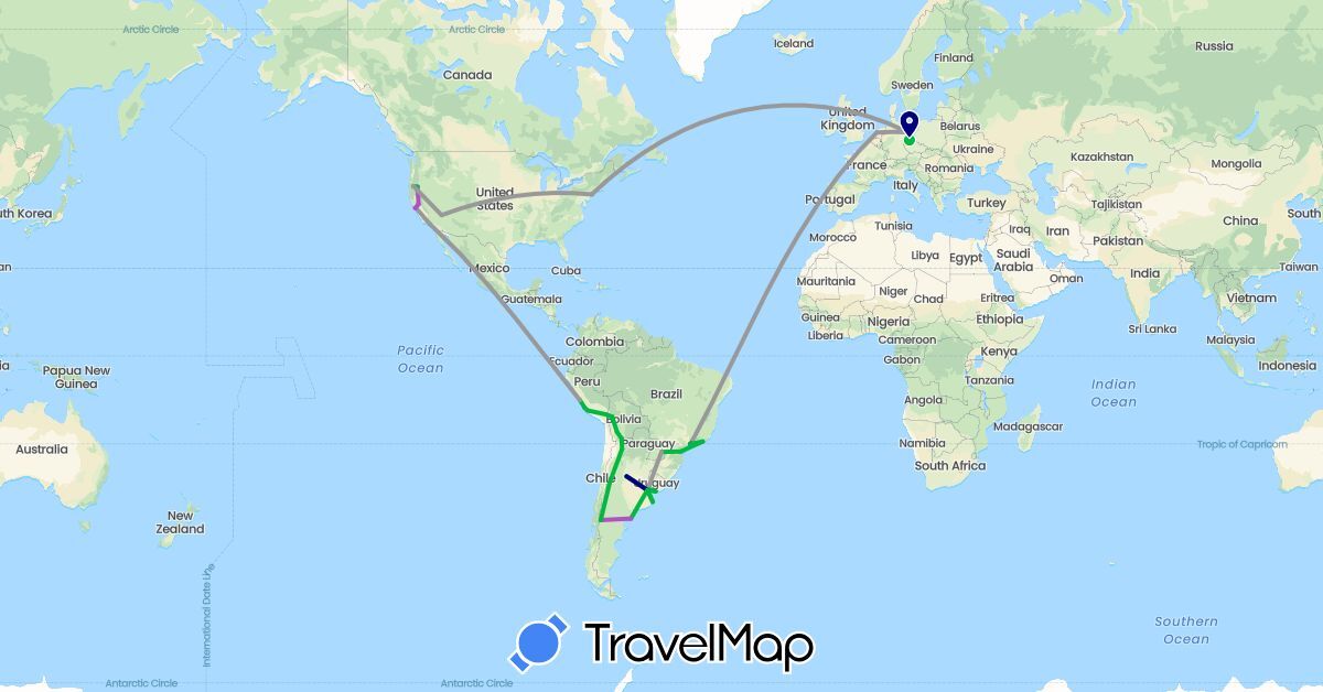 TravelMap itinerary: driving, bus, plane, train, hiking, boat in Argentina, Bolivia, Brazil, Germany, Netherlands, Peru, United States, Uruguay (Europe, North America, South America)